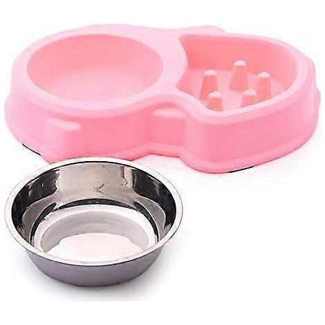 Double gamelle pour eau et nourriture : 1 gamelle en acier inoxydable et 1 gamelle anti-glouton pour chat et petit chien (rose) (1/4)
