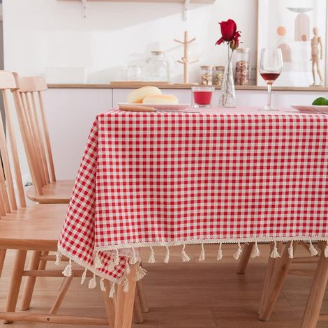 Nappe à carreaux rouge et blanche, nappe à pompons, nappe rustique en coton et lin, nappe anti-poussière pour la décoration de la table de cuisine et de salle à manger. (1/5)