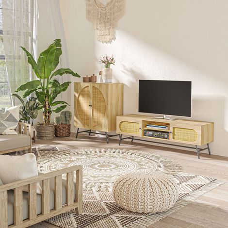 Meuble de rangement buffet haut aspect bois et cannage design 2 portes 80 x 39 x 101,8 cm naturel