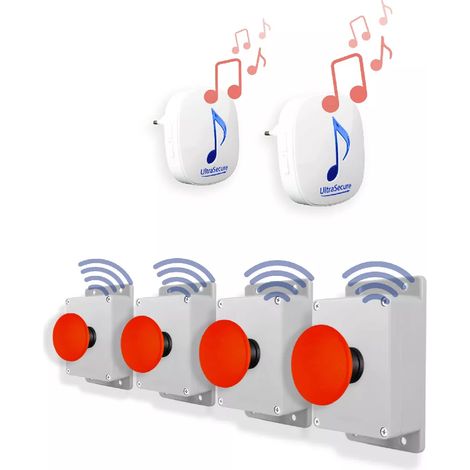 Alerte panique 900m sans fil - 4 boutons coup de poing sur piles & 2 Carillon R - 35 mélodies / Volume réglable (DA600+) (1/5)