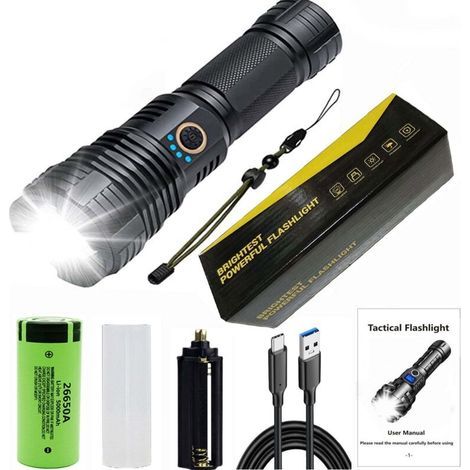 Rechargeable flashlights, high-power LED flashlight, powerful XHP70.2 tactical flashlight with zoom, 5 modes, IPX7 waterproof, flashlight for camping, hiking, emergencies (1/5)