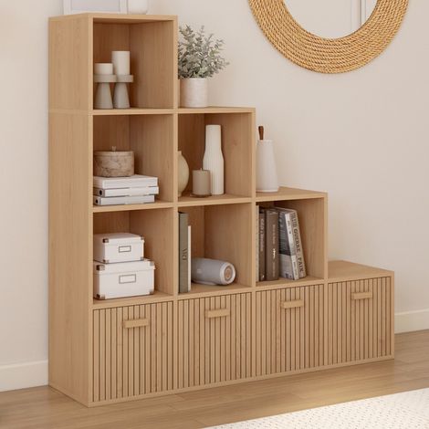 Mueble de almacenaje LORYS 4 niveles efecto listones JULIETTE con 4 cajones de tela (1/5)