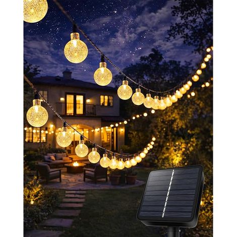 Guirlande lumineuse solaire d'extérieur - 8 m - 30 LED - 8 modes - IP65 - Boules de cristal étanches - Pour jardin, balcon, terrasse, Noël, mariages, fêtes, arbres - Blanc chaud