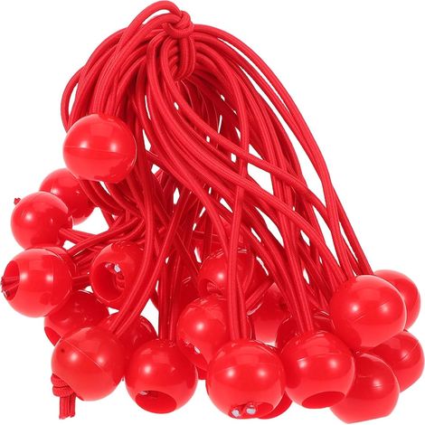 Paquete de 30 cuerdas elásticas rojas tipo bungee – cuerda de 15 cm con bolas de colores, para lonas, tiendas de campaña y equipo de camping.