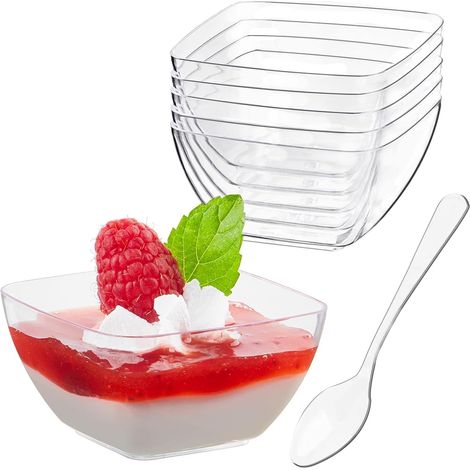 100 petits bols de dégustation de 5 x 3 cm, parfaits et à apéritifs, avec cuillères réutilisables, soucoupes de dégustation de 60 ml, mini-verrines à dessert en plastique, bols à apéritif pour dessert