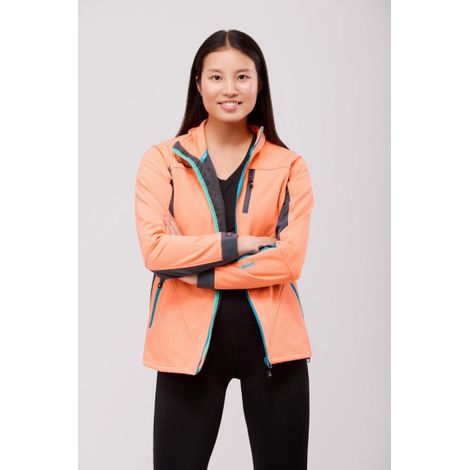 Softshell de mujer combinada tricolor. Cuello alto con cinta personalizada cubrecosturas en el interior. RN1010002 L Rojo coral / Gris (1/5)