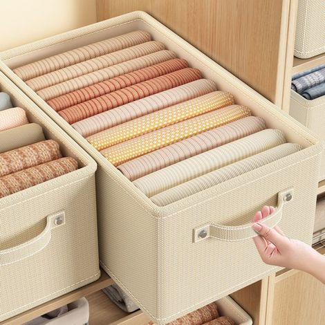 Boîte rangement coton lin sans couvercle beige 75L (53×44×30 cm), poignée, organisateur pliable vêtements, placard dressing (1/4)