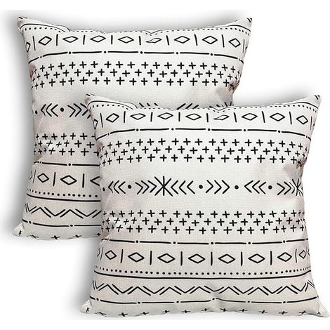Lot de 2 Housses de Coussin Boho Noir & Crème, 18x18 Pouces, Imperméables, Décor Extérieur/Intérieur pour Canapé, Patio (1/5)