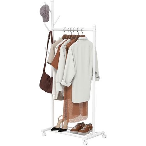 Kleiderständer auf Rollen. Mobiler Kleiderschrank mit Kleiderstange. 5 Haken. Schuhregal. Weiß.