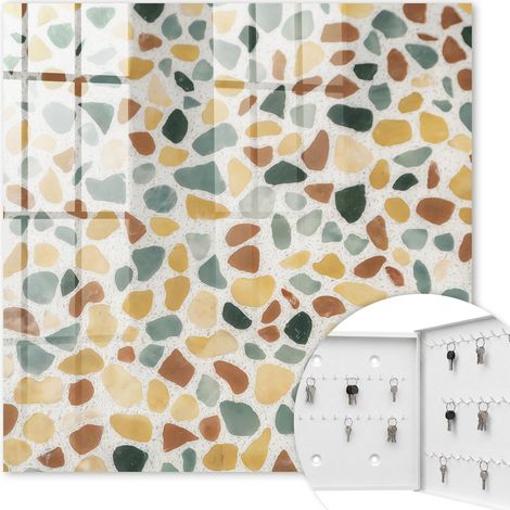 Armoire à clés - (30 cm x 30 cm) - Boîte à clés murale - Coffret de rangement pour clés - Couleur blanche - Ouverture vers la droite - Pour maison et bureau - Mosaïque de galets (1/5)