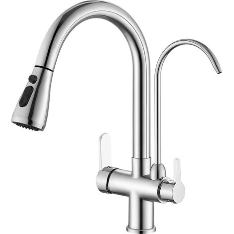 Mitigeur 3-en-1 en laiton, eau potable, orientable 360°, deux poignées, raccords chaud/froid/filtré, haute pression, douchette extractible(3 voies 1), chrome (1/5)