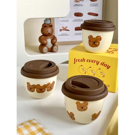 1 pièce de mini tasse à café en forme d'ours mignon (245ml) avec couvercle, adaptée pour maison, bureau, couples, amis, collègues (1/4)