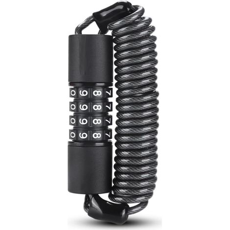Serrure à combinaison en spirale à 4 chiffres, câble d'acier rétractable de 1,5 mètres, tête de verrouillage en alliage de zinc, serrure de sécurité compacte noire pour casque, vélo et bagages (1/3)