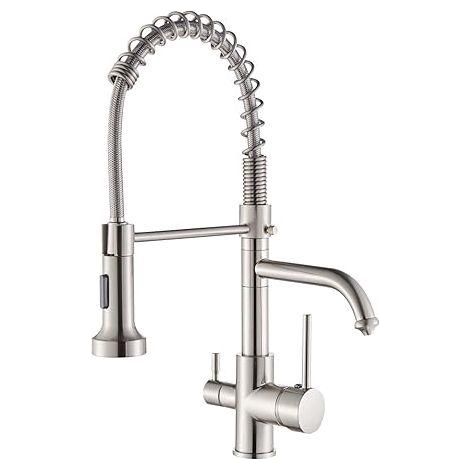 Robinet de cuisine à 3 voies avec douchette extractible, mitigeur d'eau potable en laiton, bec pivotant à 360°, finition nickel brossé (1/5)
