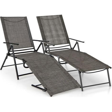 Lot de 2 Chaises Longues Pliantes à 6 Positions, en Cadre Métallique, Dossier Réglable, pour Piscine, Patio, Charge 150 KG (Café) (1/5)
