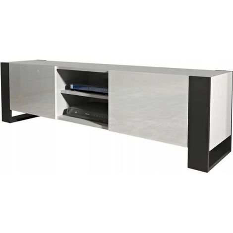 Dusine – Meuble TV 160 cm blanc mat et laqué – Style industriel – Mélaminé et MDF certifié FSC – Rangement avec étagère et compartiments fermés (1/4)