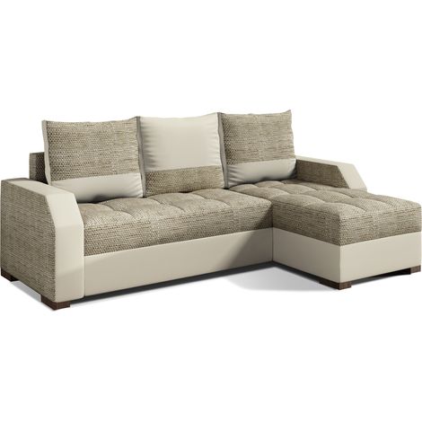 Canapé convertible angle réversible design tissu beige clair chiné et simili cuir beige Zarky 250cm (1/5)