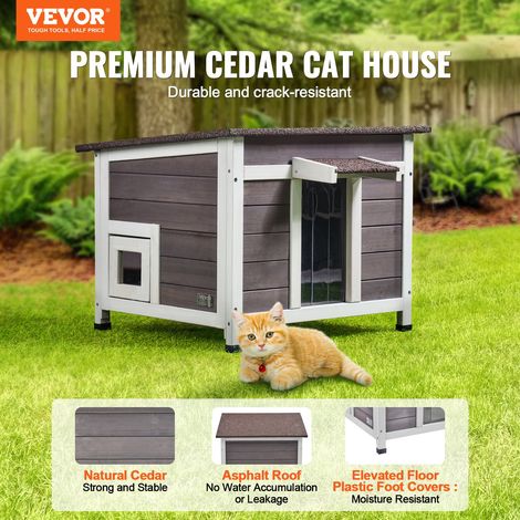 Maison pour Chat d'Extérieur, 600x530x465 mm, Niche pour Chats en Bois, Résistante aux Intempéries, avec Fenêtre, Toit Ouvert, Porte à Rabat en PVC, Cabane Abri pour Plusieurs Chats Sauvages (1/5)