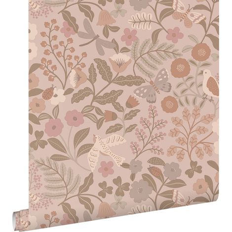 papier peint fleurs et oiseaux taupe et vieux rose - ESTAhome (1/5)
