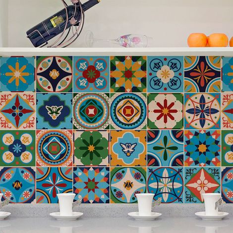 Sticker Mural Carrelage adhésif Cuisine Salle de Bain - 24 STICKERS CARREAUX DE CIMENT AZULEJOS LIDINA - 24stickers10x10cm (1/5)