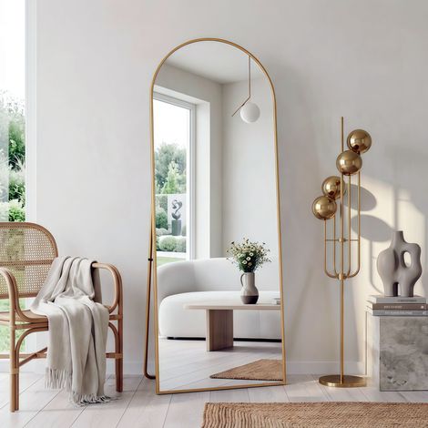 Miroir sur pied 162x53 cm, miroir de sol arqué suspendu ou mural avec cadre en métal pour salon, chambre ou salle de bain, Doré