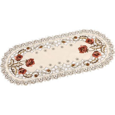Nappe ovale en dentelle rouge à fleurs, chemin de table brodé ajouré, décoration de table élégante, tissu floral. (1/3)