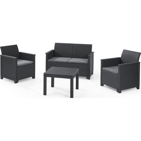 KETER Conjunto de Jardín terraza EMMA sofá + sillas sillones + mesa cojines grafito Mesa 58.5x58.5x43 Sillas 63x65x74 Sofa 113x65x74 AnxPxAl cm (1/3)