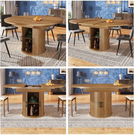 Table de cuisine 118x76, design rétro noyer table à manger, plateau extensible, rangement intégré, pieds réglables (1/5)