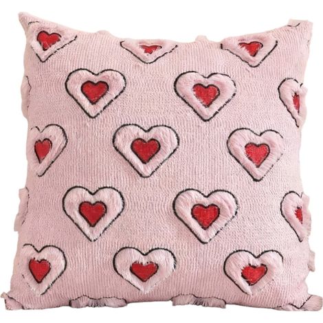 Housse De Coussin - 45 X 45 Cm - Motif Coeur Brodé Rouge Et Rose - Tissu Pluche Douce En Imitation Laine - Pour Canapé Chambre Décoration Festive - 1 Pièce (1/5)