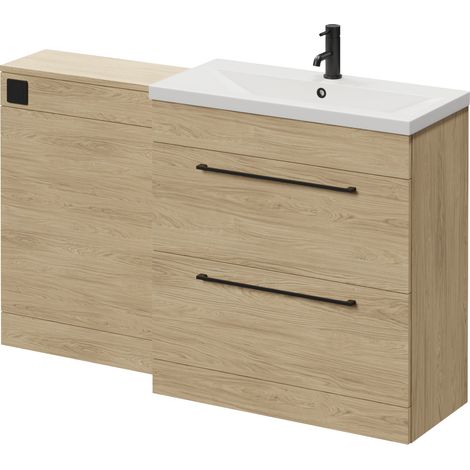 Napoli 390 Cento Light Oak 1400mm 2 Drawer Vanity Unit Toilet Suite with Glide Basin - 1400mm - Matt Black 480mm HandleWithout Kingston Toilet Pan