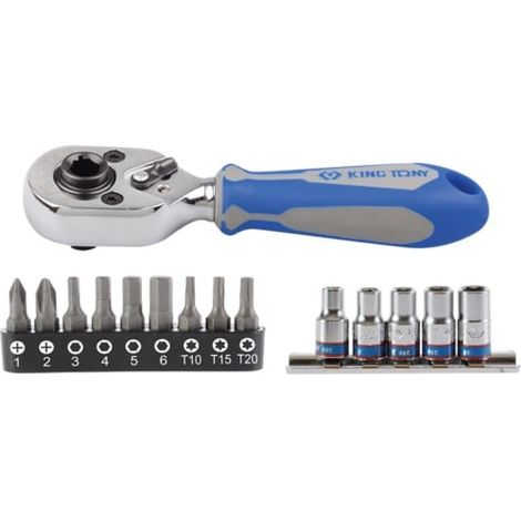 KING TONY - Mini cliquet + embouts et douilles 15 pcs en blister (1/5)