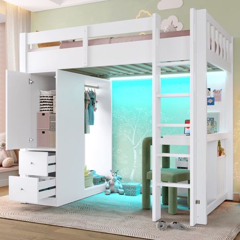 Letto a soppalco 204.5x106.9x172.5 cm con scrivania integrata, 4 cassetti, LED, legno massello e MDF bianco (1/5)