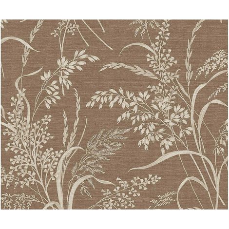 Papel pintado vinílico marrón sobre tela no tejida con flores beige, natural, 10 m (1/3)