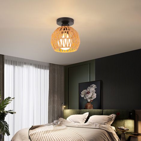 Corde Cage Plafonnier Rétro Vintage Tissé avec Corde en Papier Luminaire Suspension Rustique Lampe E27 pour Chambre Salon Couloir Marron (1/4)