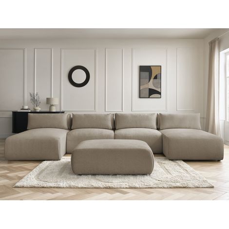 BOBOCHIC - Canapé panoramique fixe modulable avec têtières JANA tissu chiné avec 2 méridiennes, 2 chauffeuses et 1 grand pouf   Taupe