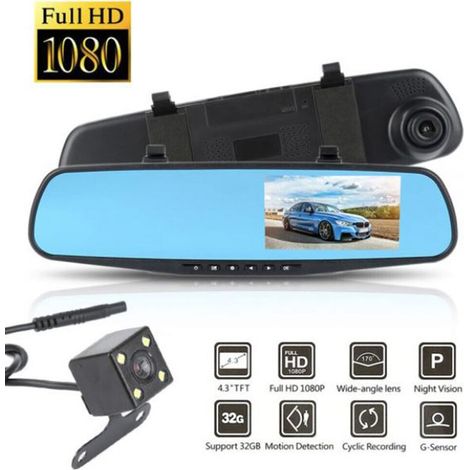 SPECCHIETTO RETROVISORE DVR 4.3" FULL HD MONITOR TF CAMERA ANTERIORE POSTERIORE