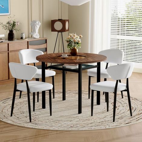 Ensemble Table et Chaises diamètre 100 cm table ronde 4 fauteuils assise en PU aspect bois (1/5)