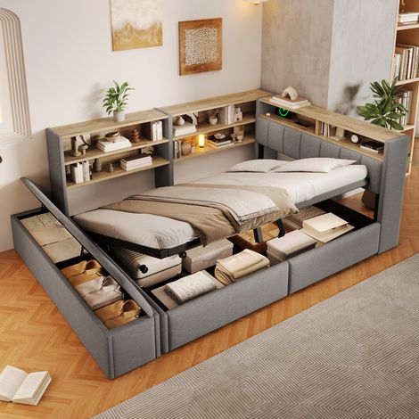 Sofá cama de 140 x 200 cm con almacenamiento hidráulico y banco de almacenaje, enchufe y USB, tira LED con app, cabecero montable izquierda/derecha, sin colchón, terciopelo, blanco (1/5)