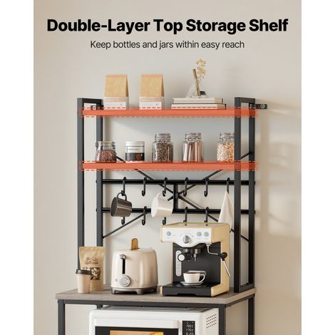 VEVOR Kitchen Bakers Rack, 23.6 inch Width Bakers Rack, Kitchen Stand with X-Shaped Support Bar, 12 S-Shaped Hooks, Double-Layer Top Shelf, Coffee Bar Stand for Dishes & Bowls, Spice Bottles (1/4)