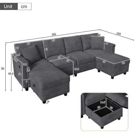 Sofá modular convertible en forma de L y U, con 2 otomanas con espacio de almacenamiento y 2 cojines decorativos, tejido de chenilla resistente, sofá moderno multifuncional para salones y apartamentos (1/5)