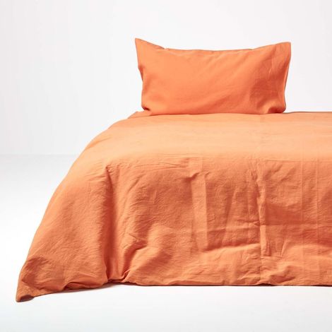 HOMESCAPES Parure housse de couette en lin lavé et taie d'oreiller Orange - 150 x 200 cm (1/5)