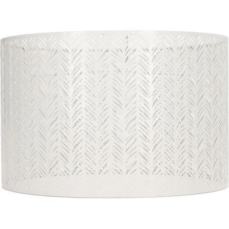 Pantalla decorativa cilíndrica de metal calado con forma de hoja de abeto – Blanca, compatible con bombillas E27/E14, para lámparas de pared, techo o mesa.