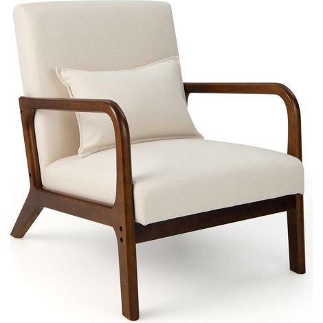 Salon, chambre ou coin lecture, fauteuil beige avec accoudoirs en bois d'hévéa, dossier 102° et patins antidérapants (1/5)