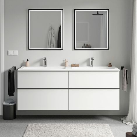 BERNSTEIN - Mueble lavabo suspendido MDF blanco mate, lavabo fundición blanco mate + orificio grifería, tirador antracita mate 160x46x62cm LAVOA blanco mate, antracita mate, Blanco mate con orificio p
