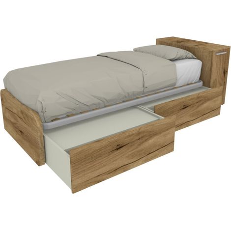 Letto singolo salvaspazio con cassetti e testata contenitiva - Quercia