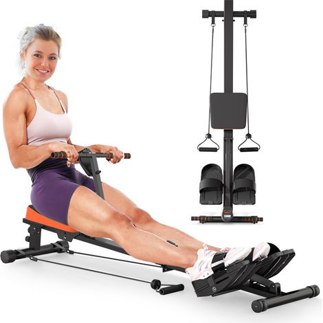 Rameur Hydraulique Compact - Résistance à 12 niveaux - avec écran LCD - résistance jusqu'à 150 kg - Dimensions 150x35x65 cm - pour un usage domestique - Noir en orange