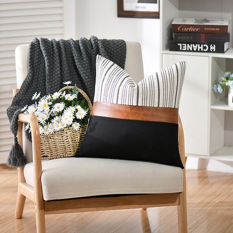Black and white striped throw pillowcase, perfect for home living room, sofa cushions, American minimalist style, PU patchwork design -- 9236 -- Black and white striped patchwork throw pillowcase