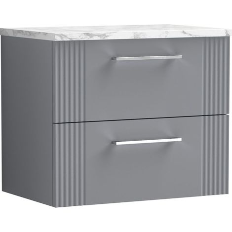 Belvide Partial Fluted 2 Drawer Wall Hung Vanity Unit with Carrera Marble Laminate Worktop - 600mm - Satin Grey