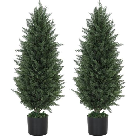 Lot de 2 cyprès artificiels verts de 90 cm, 831 feuilles, pot en ciment, résistant aux UV, plante décorative d'intérieur et d'extérieur (1/5)