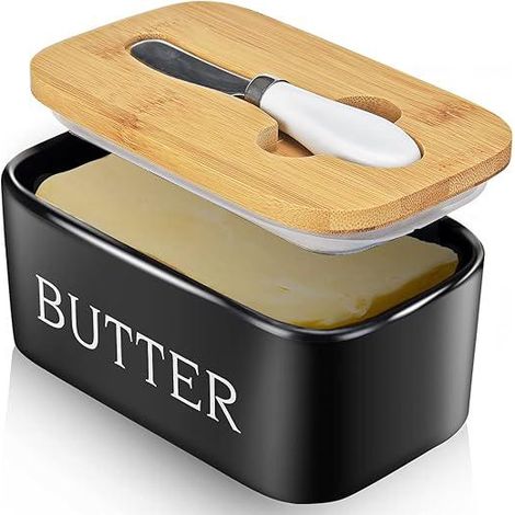 Beurrier céramique avec couvercle et couteau, boîte beurre hermétique cuisine noir (1/5)